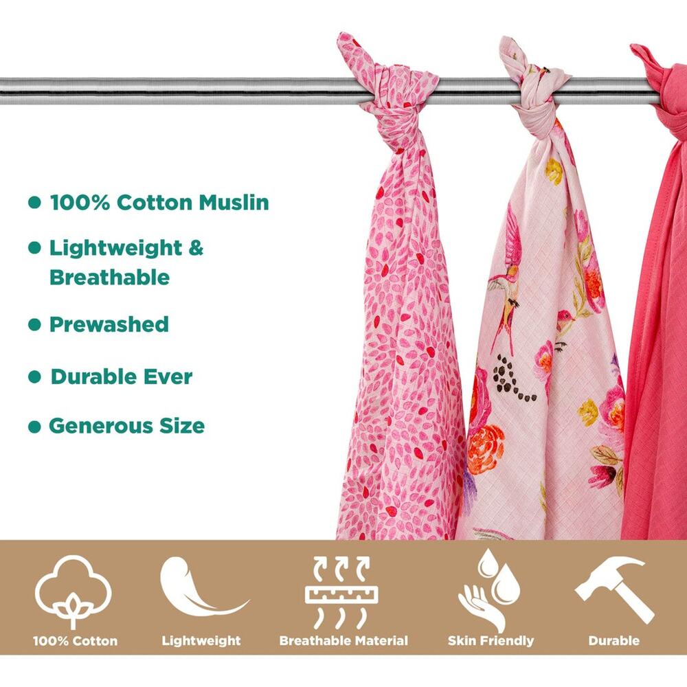 Dreams & Dimples Muslin Swaddles - Pack of 3's - Humming Bird - Picture 3 of 4